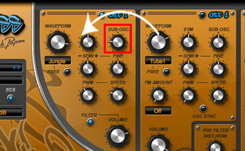Subboombass Sub OSCノブを左へ操作