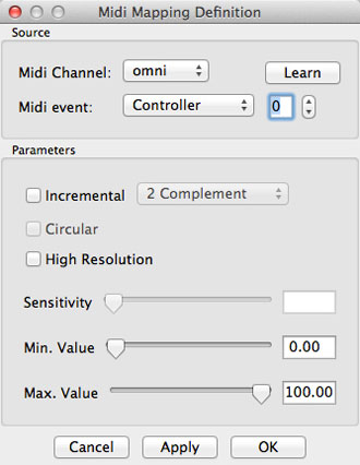 Midi Mapping Definitionメニュー