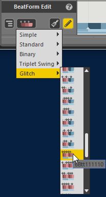 リズムオプションの中からGlitchを選ぶと膨大な下図のプリセットが現れる