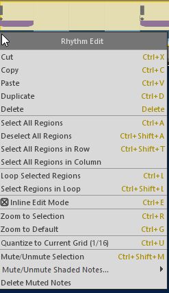 リズムトラック上のフレーズを右クリックすると様々なエディットメニューが表示される