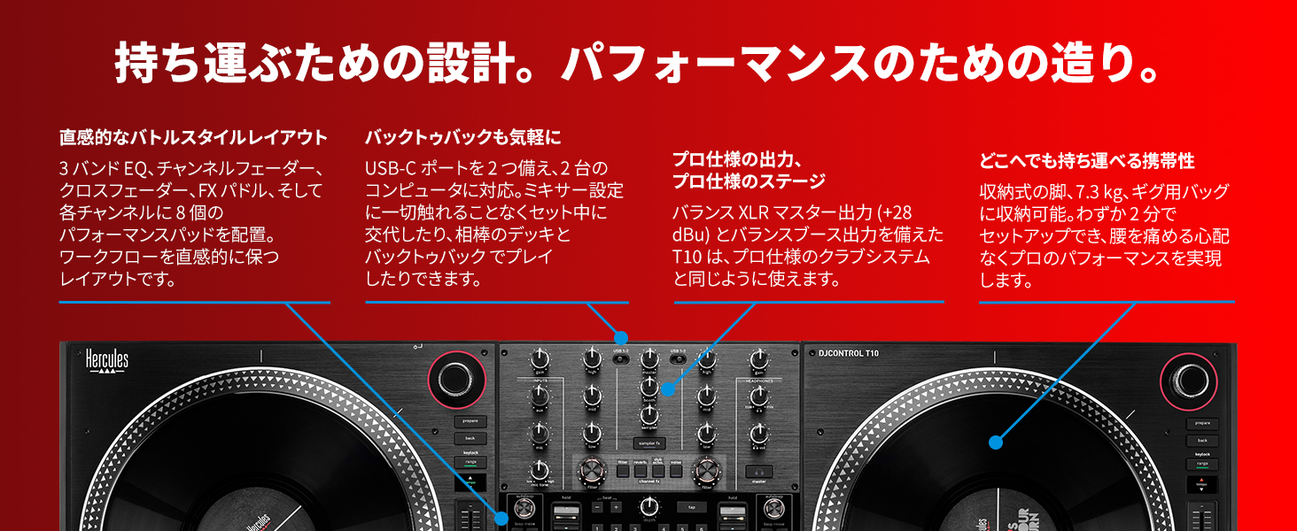 持ち運ぶための設計。パフォーマンスのための造り。

直感的なバトルスタイルレイアウト
3バンドEQ、チャンネルフェーダー、クロスフェーダー、FXパドル、そして各チャンネルに8個のパフォーマンスパッドを配置。ワークフローを直感的に保つレイアウトです。

バックトゥバックも気軽に
USB-Cポートを2つ備え、2台のコンピューターに対応。ミキサー設定に一切触れることなくセット中に交代したり、相棒のデッキとバックトゥバックでプレイしたりできます。

プロ仕様の出力、プロ仕様のステージ
バランスXLRマスター出力（+28 dBu）とバランスブース出力を備えたT10は、プロ仕様のクラブシステムと同じように使えます。

どこへでも持ち運べる携帯性
収納式の脚、7.3 kg、ギグ用バッグに収納可能。わずか2分でセットアップでき、腰を痛める心配なくプロのパフォーマンスを実現します。