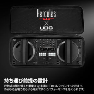 持ち運び前提の設計：収納式の脚を備えた重量8 kg未満のT10は、付属のUDGバッグにすっと収まり、あらゆる会場のあらゆる場所ですぐにパフォーマンスを始められます